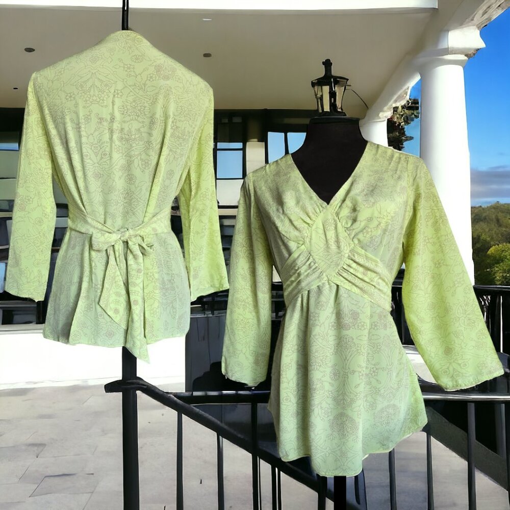 MIMI MATERNITY ( S ) 100% Silk Geometric pattern Tie Back V Neck Blouse